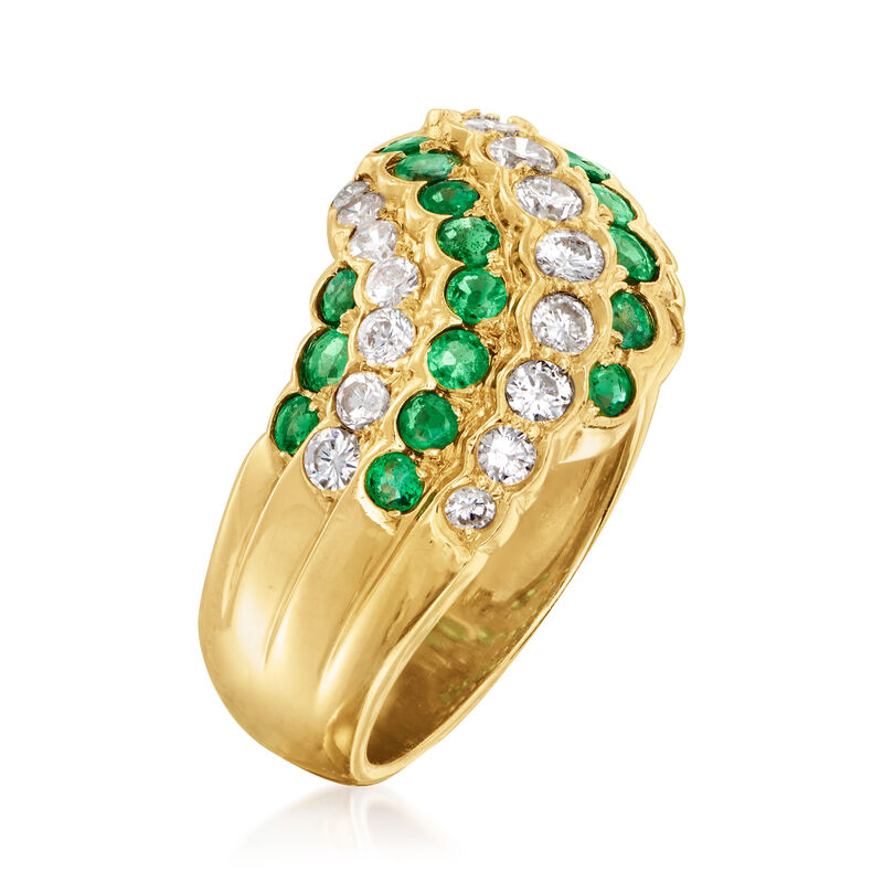 C. 1980 Vintage 1.05 ct. t.w. Diamond and 1.04 ct. t.w. Emerald Swirl Ring in 18kt Yellow Gold image number 2