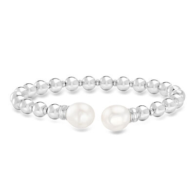 Italian 6mm Sterling Silver Bead Cuff Bracelet with 9-9.5mm Cultured Pearls