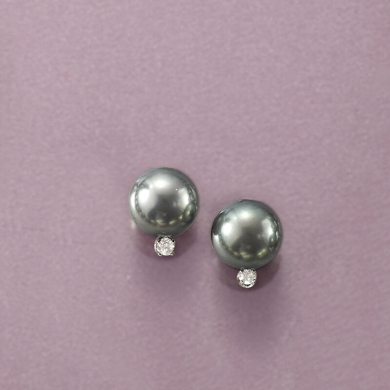9-10mm Black Cultured Tahitian Pearl Earrings with .10 ct. t.w. Diamonds in 14kt White Gold image number 2