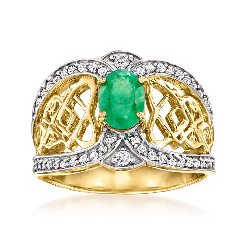 .80 Carat Emerald and .40 ct. t.w. White Zircon Celtic Knot Ring in 18kt Gold Over Sterling image number 0