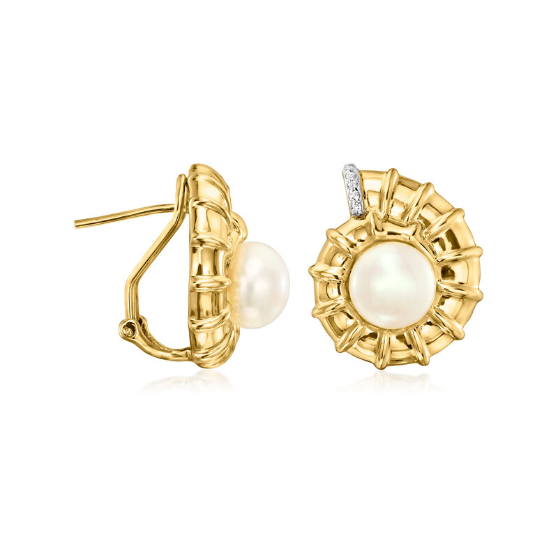 8-8.5mm Cultured Pearl Seashell Earrings with White Topaz in 18kt Gold Over Sterling image number 2