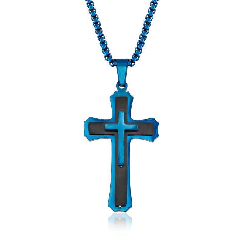 Men's Black and Blue Stainless Steel Cross Pendant Necklace image number 0