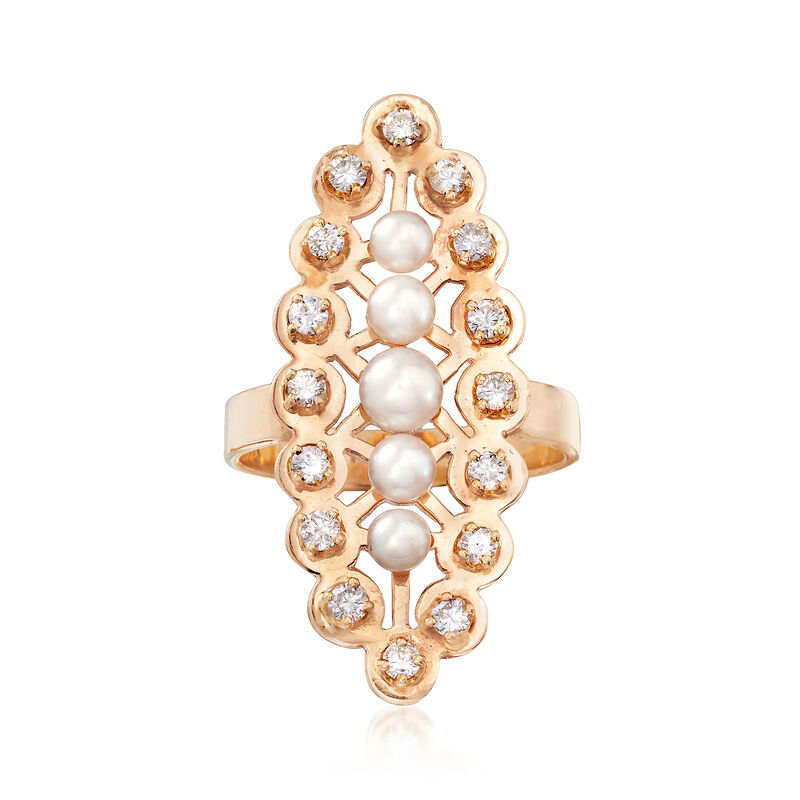 C. 1960 Vintage Cultured Pearl and .55 ct. t.w. Diamond Ring in 14kt Yellow Gold image number 0