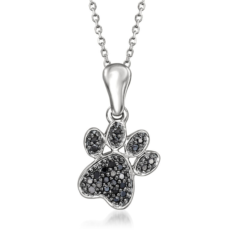 Black Diamond Paw Print Pendant Necklace in 14kt White Gold. 18&quot; image number 1