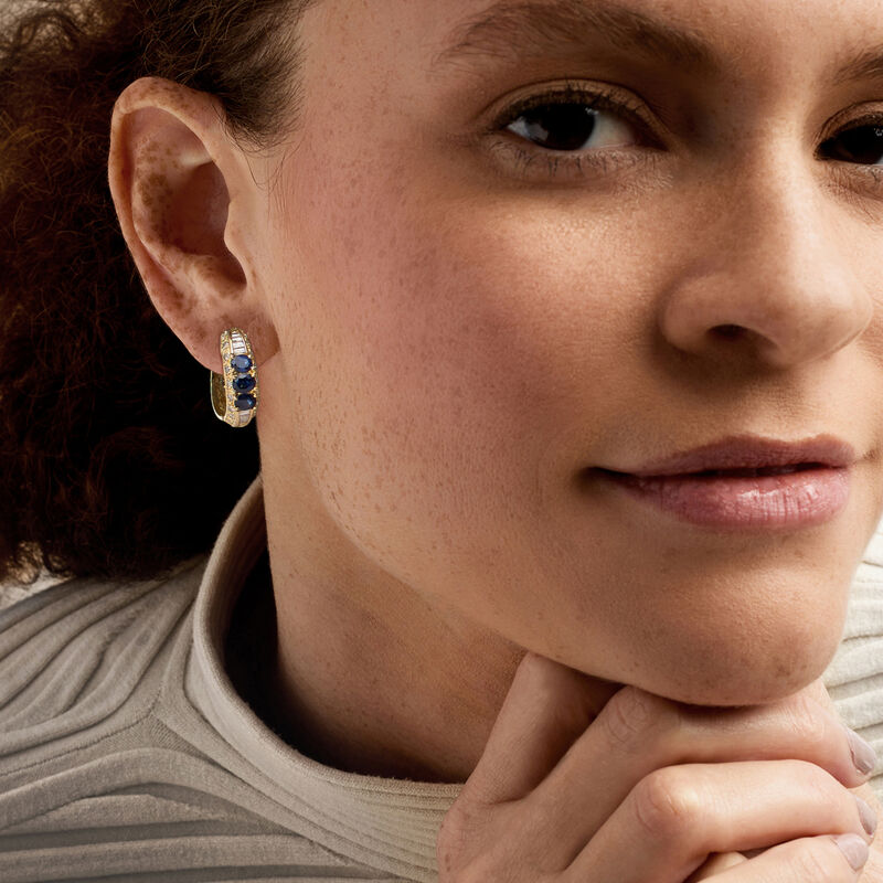 C. 1990 Vintage 2.10 ct. t.w. Sapphire and 1.25 ct. t.w. Diamond Hoop Earrings in 18kt Yellow Gold image number 1