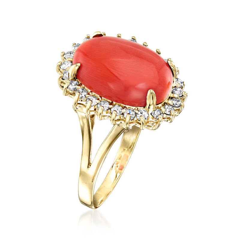 C. 1990 Vintage Coral Ring with .60 ct. t.w. Diamonds in 14kt Yellow Gold. Size 7 image number 2