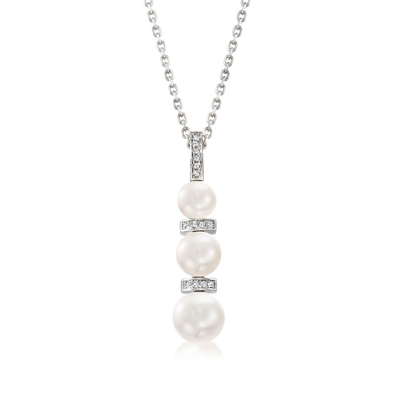 6-8.5mm Cultured Pearl and .10 ct. t.w. Diamond Pendant Necklace in Sterling Silver. 18&quot; image number 1