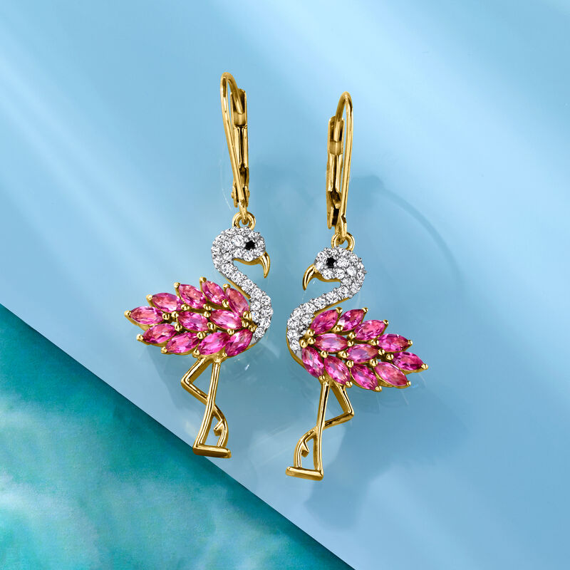 1.60 ct. t.w. Pink Topaz and .40 ct. t.w. White Zircon Flamingo Drop Earrings with Black Spinel in 18kt Gold Over Sterling  image number 2