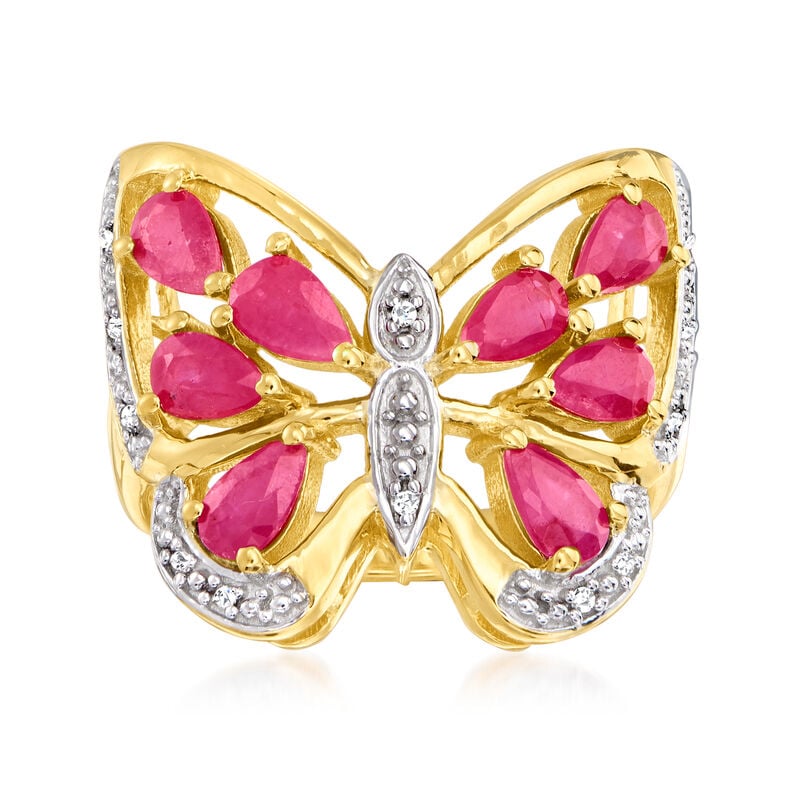 1.89 ct. t.w. Ruby Butterfly Ring with Diamond Accents in 18kt Gold Over Sterling. Size 8 image number 0