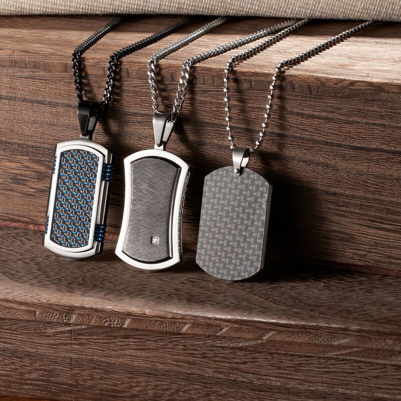 Men's Black and Blue Stainless Steel and Carbon Fiber Dog Tag Pendant Necklace image number 1