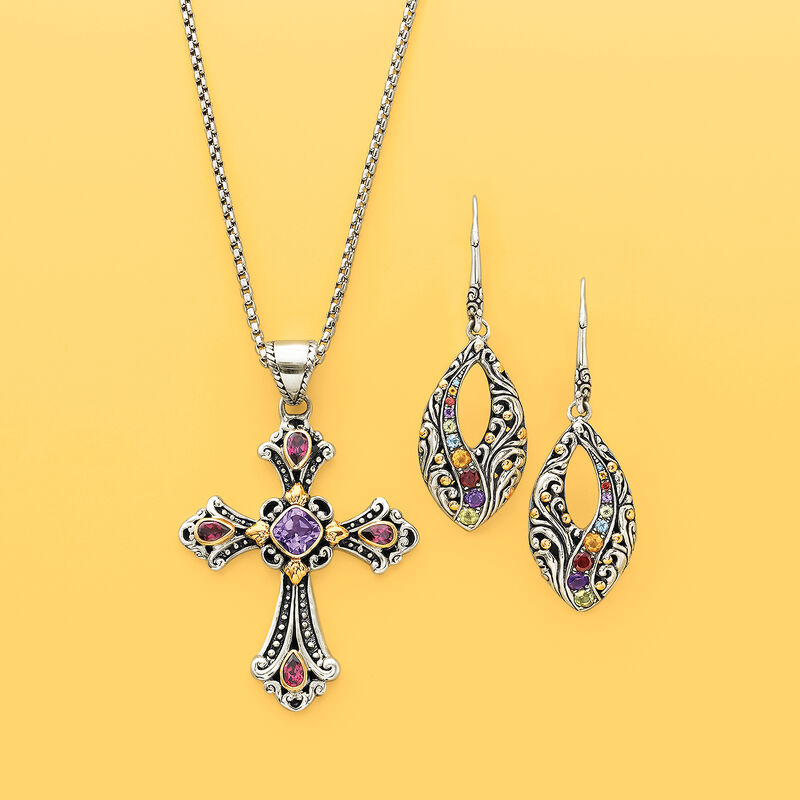 1.10 ct. t.w. Multi-Stone Marquise Drop Earrings in Sterling Silver and 18kt Yellow Gold  image number 2