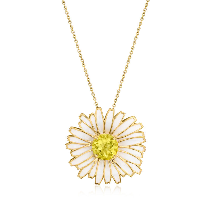 2.50 Carat Lemon Quartz and White Enamel Daisy Pin/Pendant Necklace in 18kt Gold Over Sterling. 18&quot; image number 1