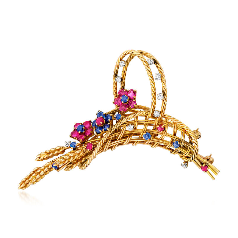 C. 1970 Vintage 2.50 ct. t.w. Ruby, 1.30 ct. t.w. Sapphire and .40 ct. t.w. Diamond Flower Basket Pin in 18kt Yellow Gold image number 0