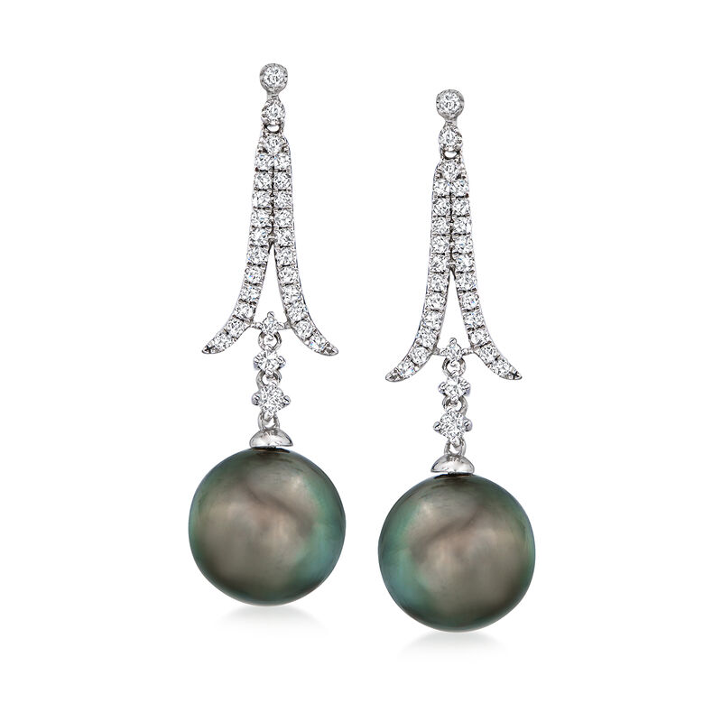 12-13mm Black Cultured Tahitian Pearl Drop Earrings with .60 ct. t.w. Diamonds in 18kt White Gold image number 0