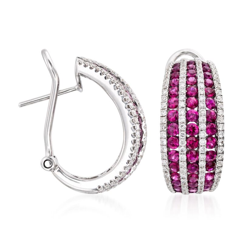 2.70 ct. t.w. Ruby and 1.00 ct. t.w. Diamond Hoop Earrings in 18kt White Gold. 7/8&quot; image number 2