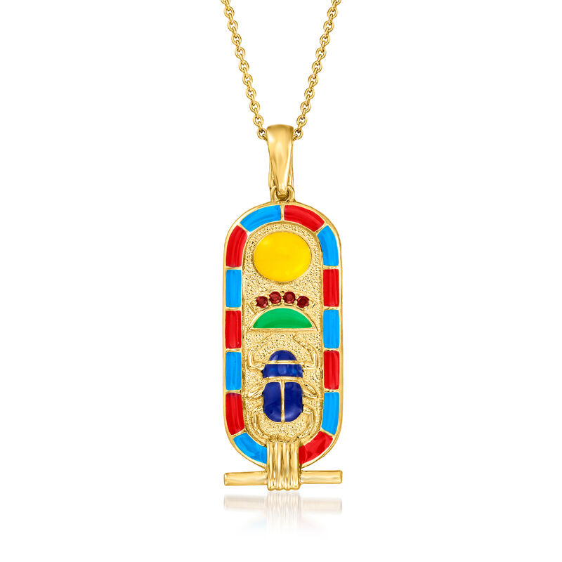 Multicolored Enamel &quot;Rise with the Sun&quot; Egyptian Symbol Pendant Necklace with Garnet Accents in 18kt Gold Over Sterling image number 0