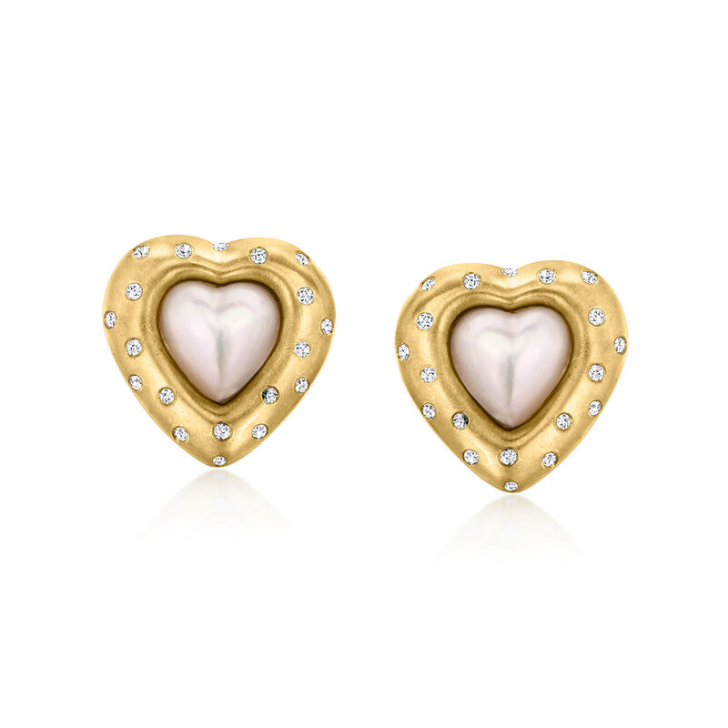 C. 1980 Vintage 11.6x11.6mm Mabe Pearl and .38 ct. t.w. Diamond Heart Earrings in 18kt Yellow Gold image number 0