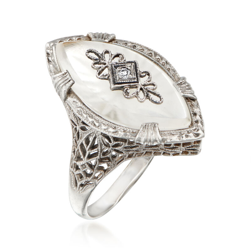 C. 1950 Vintage Diamond-Accented Carved Glass Ring in 14kt White Gold. Size 7 image number 2