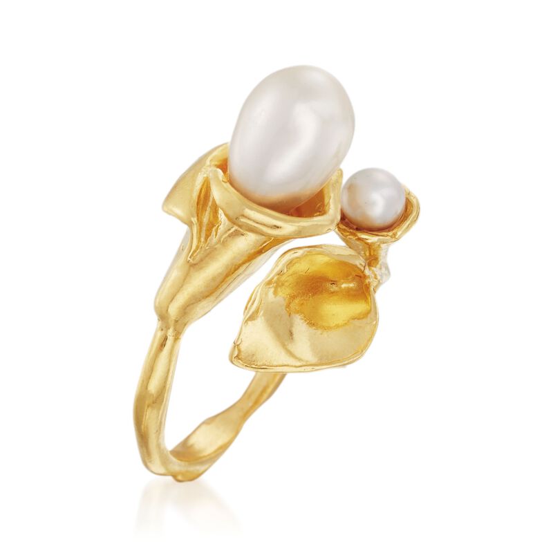 4-7.5mm Cultured Pearl Calla Lily Bypass Ring in 14kt Gold Over Sterling image number 2