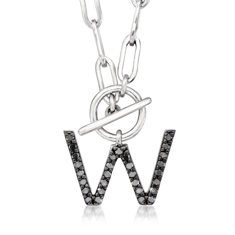 Black Diamond Initial Paper Clip Link Toggle Necklace in Sterling Silver image number 1