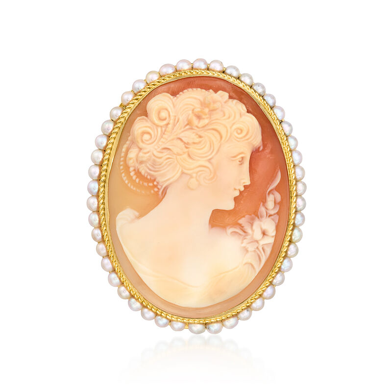 C. 1980 Vintage Brown Shell Cameo Pin/Pendant with 2.5-3mm Cultured Pearls in 14kt Yellow Gold image number 3
