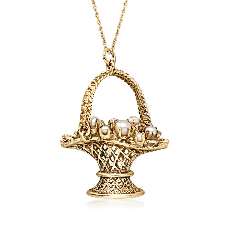 C. 1970 Vintage Cultured Pearl Flower Basket Pendant Necklace in 14kt Yellow Gold. 18" image number 0