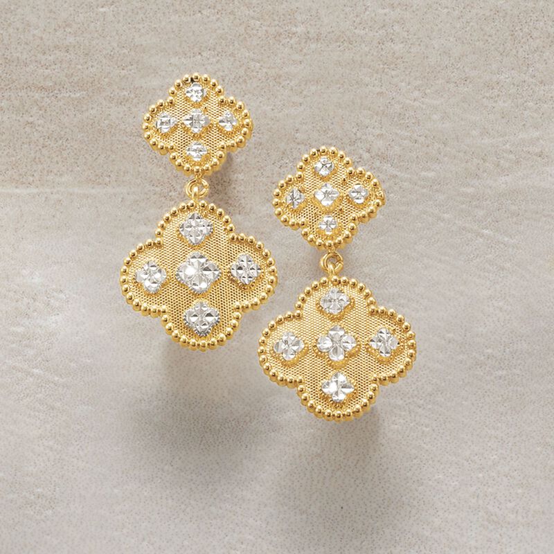 14kt Two-Tone Gold Clover Drop Earrings image number 2