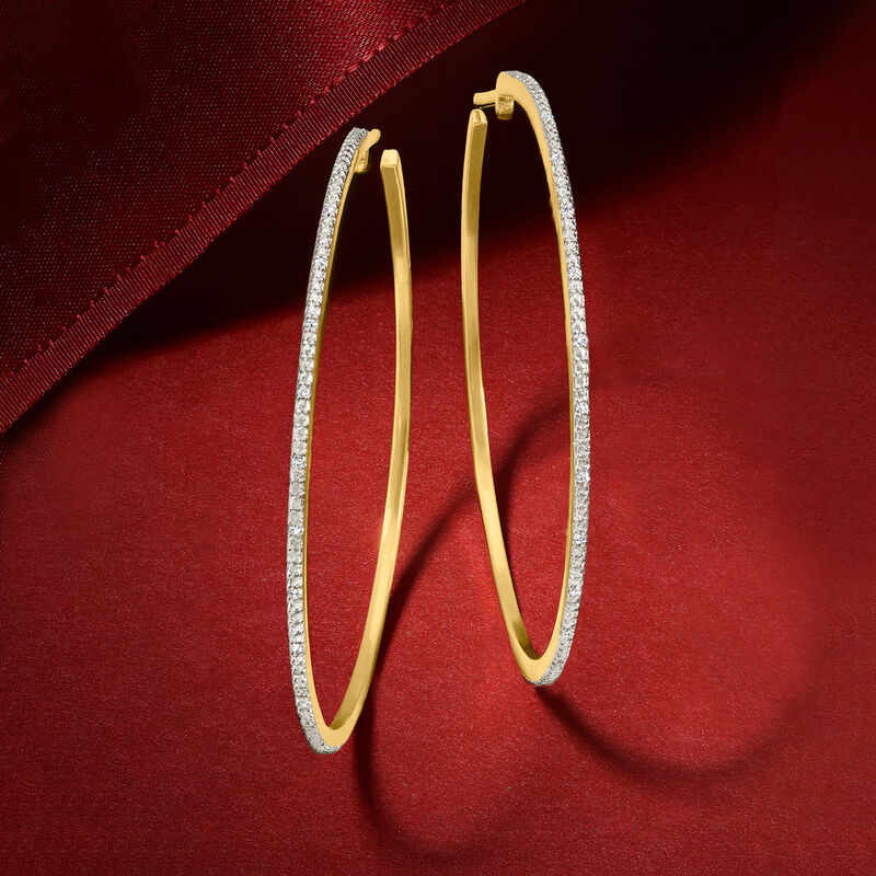 .15 ct. t.w. Diamond Hoop Earrings in 18kt Gold Over Sterling. 2 1/4&quot; image number 3
