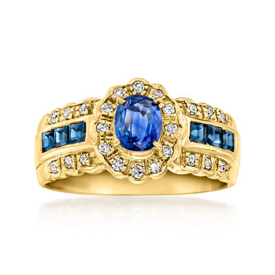 C. 1980 Vintage .94 ct. t.w. Sapphire and .15 ct. t.w. Diamond Ring in 18kt Yellow Gold