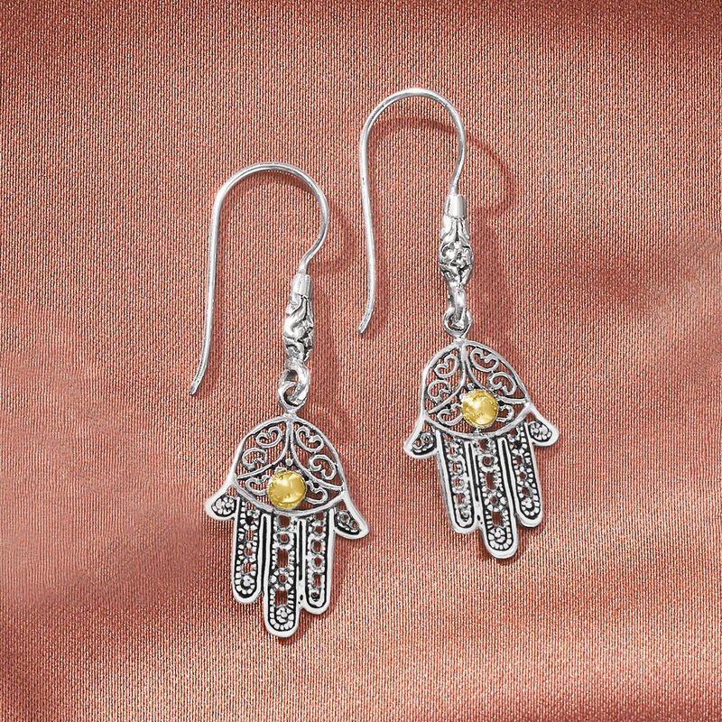 Sterling Silver Bali-Style Hamsa Hand Drop Earrings with 18kt Yellow Gold image number 2