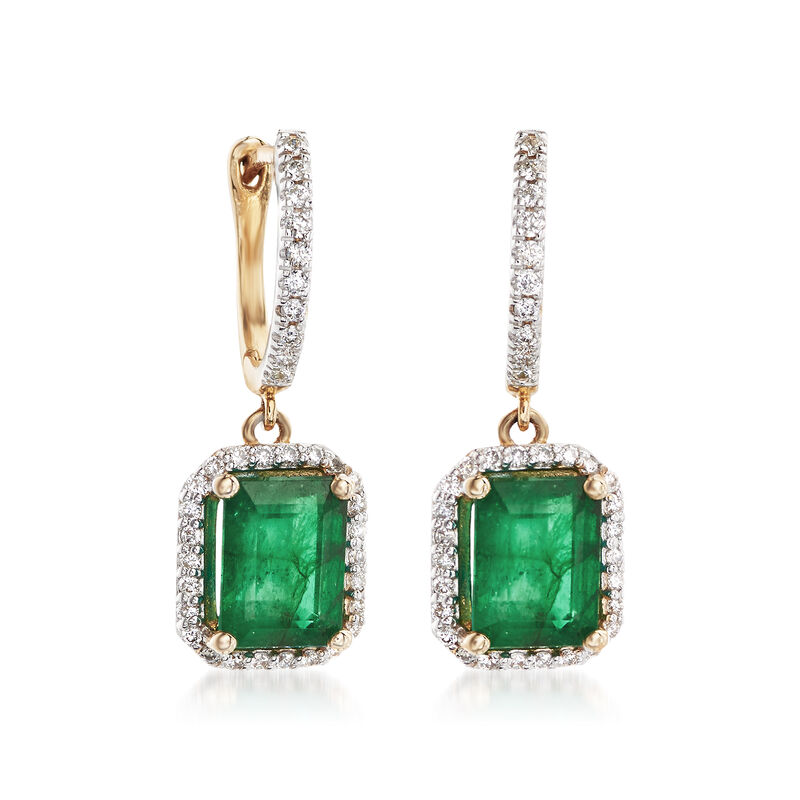 4.60 ct. t.w. Emerald and .65 ct. t.w. Diamond Drop Earrings in 14kt Yellow Gold  image number 2