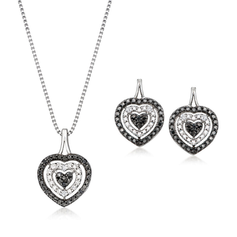 .10 ct. t.w. Black and White Diamond Jewelry Set: Heart Earrings and Pendant Necklace in Sterling Silver. 18&quot; image number 0
