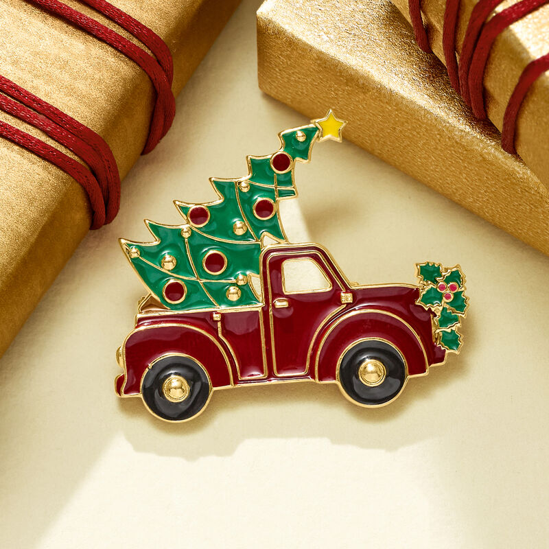 Multicolored Enamel Christmas Truck Pin in 18kt Gold Over Sterling  image number 2