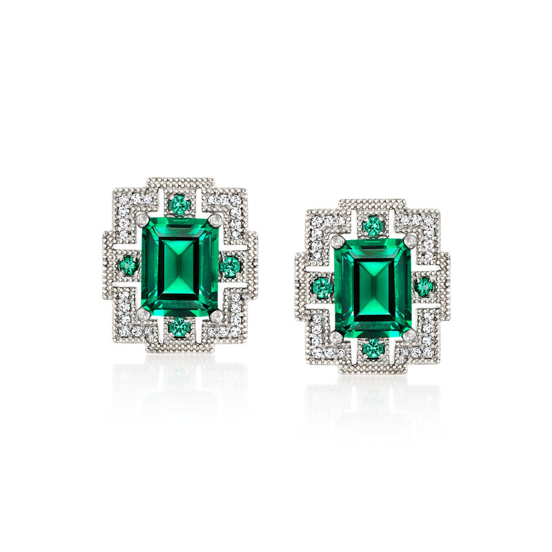 5.60 ct. t.w. Simulated Emerald and .20 ct. t.w. CZ Earrings in Sterling Silver  image number 0