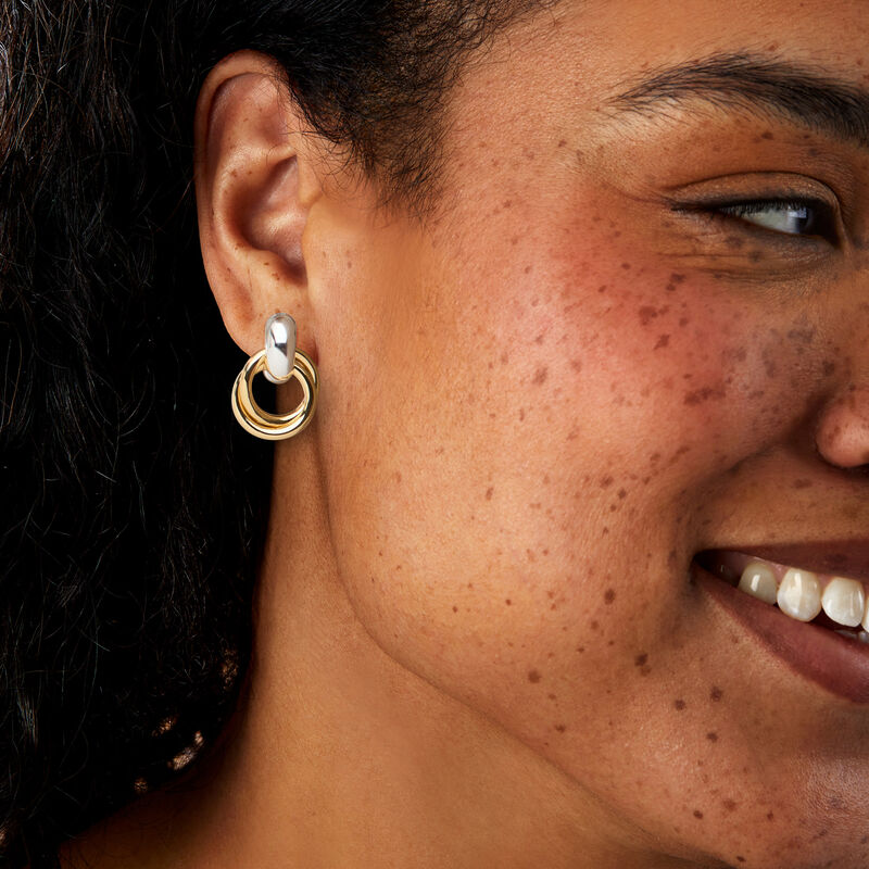 Silver and 14kt Gold-Plated Double-Circle Drop Earrings image number 1