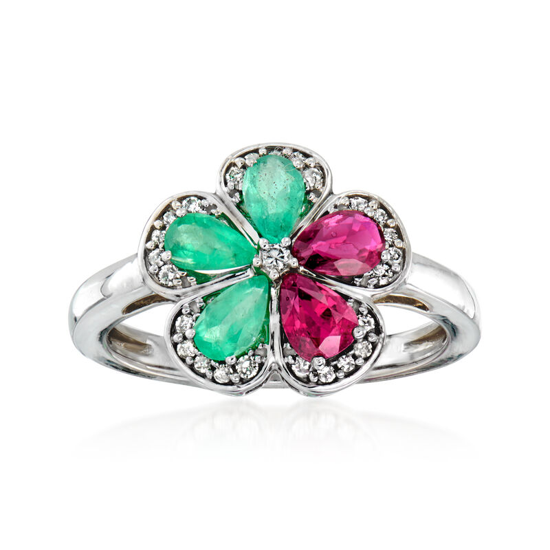 C. 1980 Vintage .50 ct. t.w. Emerald and .50 ct. t.w. Ruby Flower Ring with .23 ct. t.w. Diamonds in 14kt White Gold. Size 7 image number 0