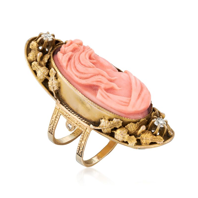 C. 1980 Vintage Carved Pink Coral Angel Cameo Ring With .30 ct. t.w. Diamonds in 14kt Gold image number 2