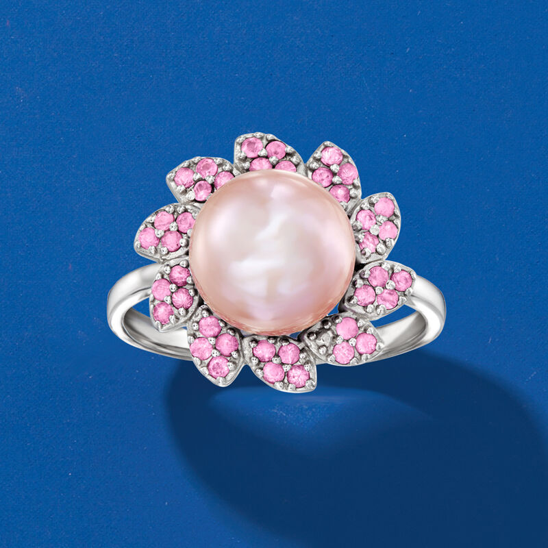 9-10mm Pink Cultured Pearl Flower Ring with .40 ct. t.w. Pink Sapphires in Sterling Silver image number 3