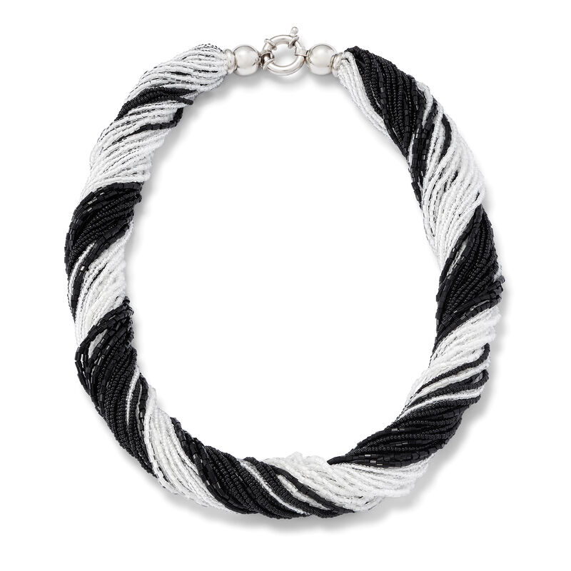 Italian Black and White Murano Glass Bead Torsade Necklace in Sterling Silver image number 2