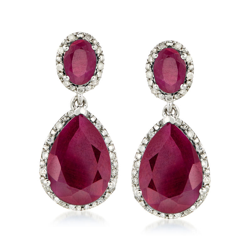 12.90 ct. t.w. Ruby and .35 ct. t.w. Diamond Drop Earrings in Sterling Silver image number 0