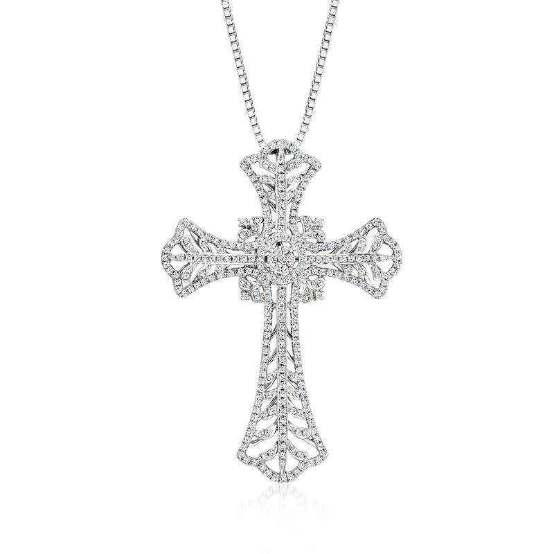 C. 1990 Vintage 3.19 ct. t.w. Diamond Openwork Cross Pendant Necklace in 18kt White Gold. 20" image number 0