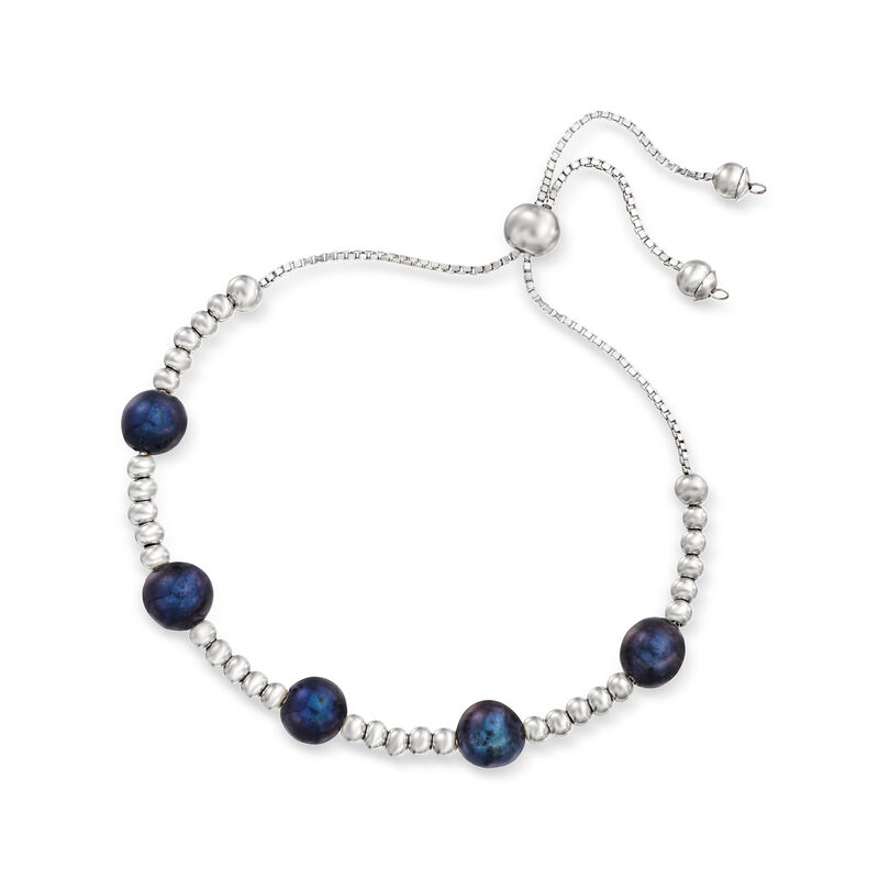 7-7.5mm Black Cultured Pearl and Sterling Silver Bead Station Bolo Bracelet  image number 2