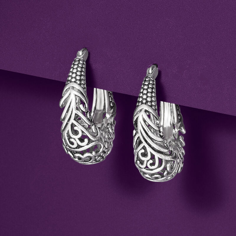 Sterling Silver Scrollwork Hoop Earrings. 1&quot; image number 3