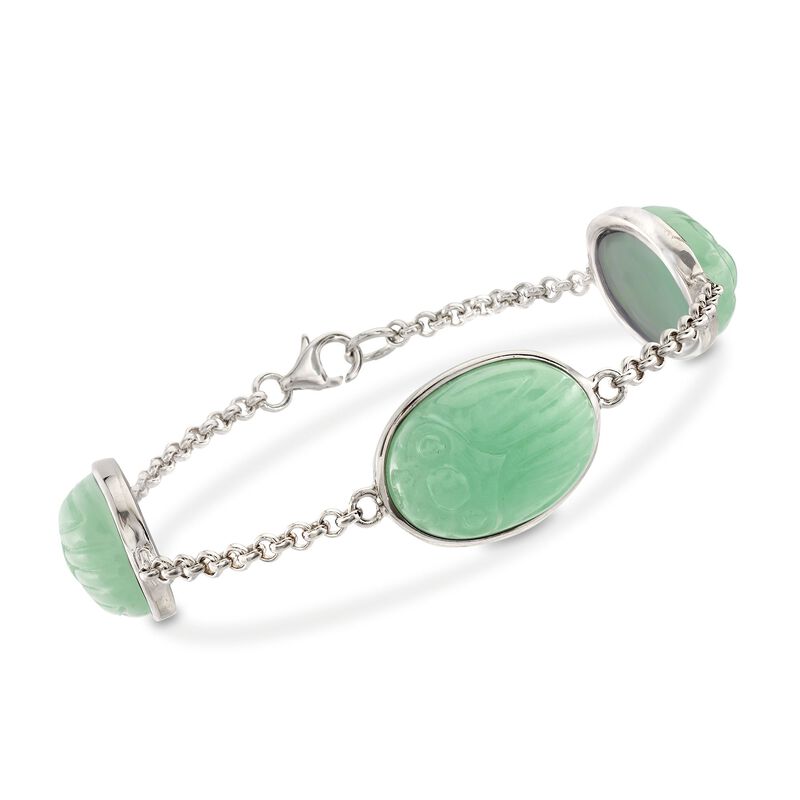 Green Jade Scarab Station Bracelet in Sterling Silver. 7&quot; image number 0