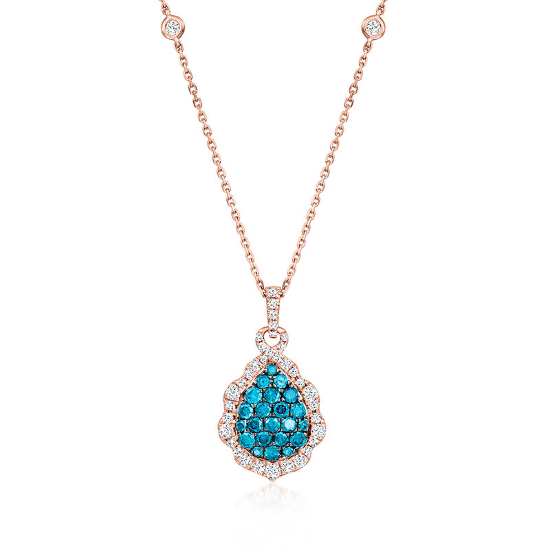 1.10 ct. t.w. Blue and White Diamond Teardrop Pendant Necklace in 14kt Rose Gold. 16" image number 1