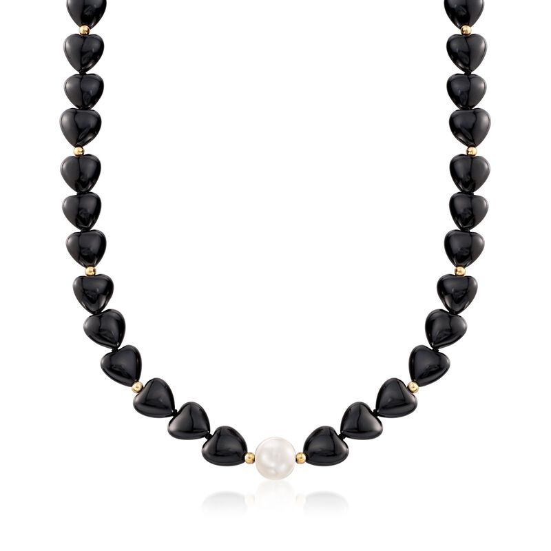 10-10.5mm Cultured Pearl and Black Onyx Heart Bead Necklace with 14kt Gold image number 0