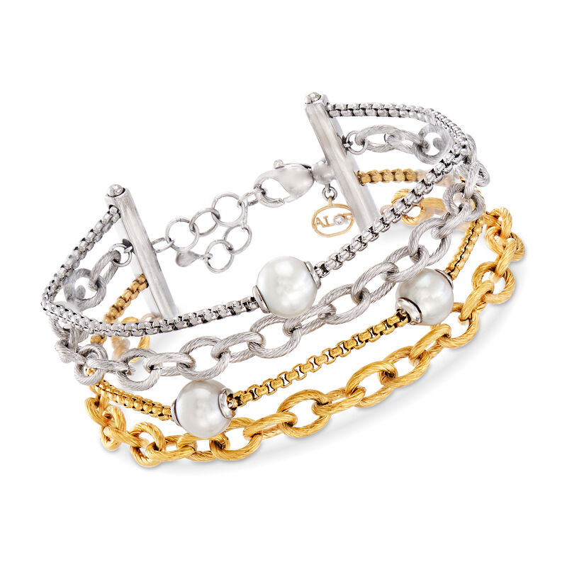 ALOR &quot;Chain Reaction&quot; Cultured Pearl Two-Tone Stainless Steel Carnation-Link Bracelet. 6.5&quot; image number 0