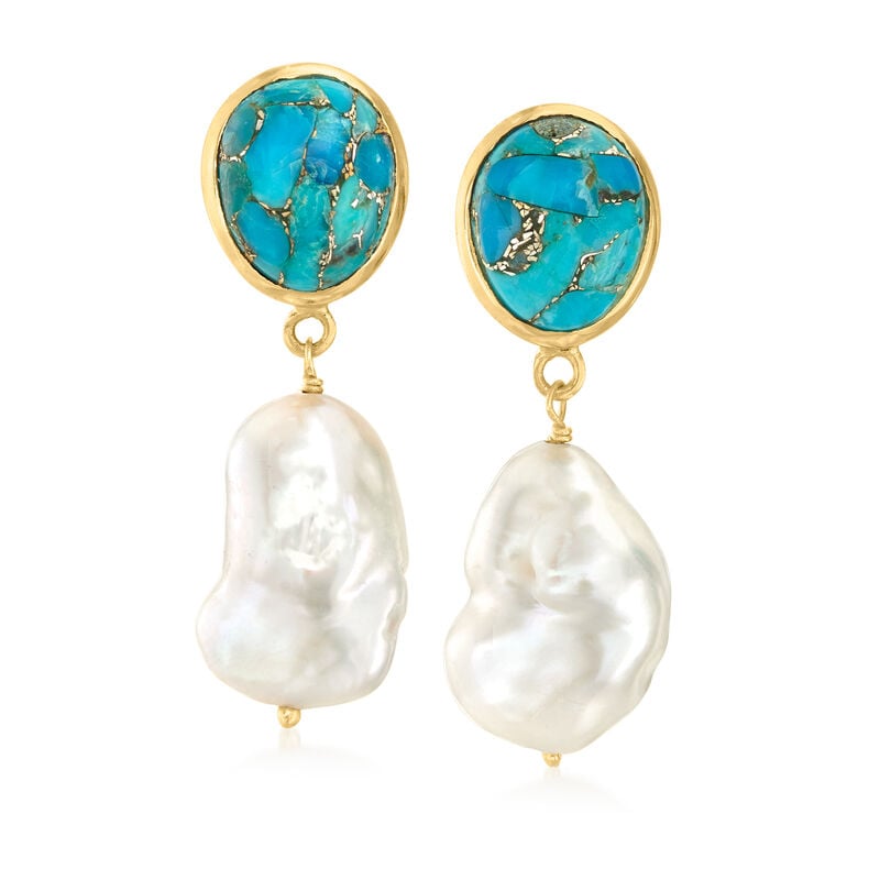 7-11mm Cultured Baroque Pearl and Turquoise Drop Earrings in 18kt Gold Over Sterling image number 0