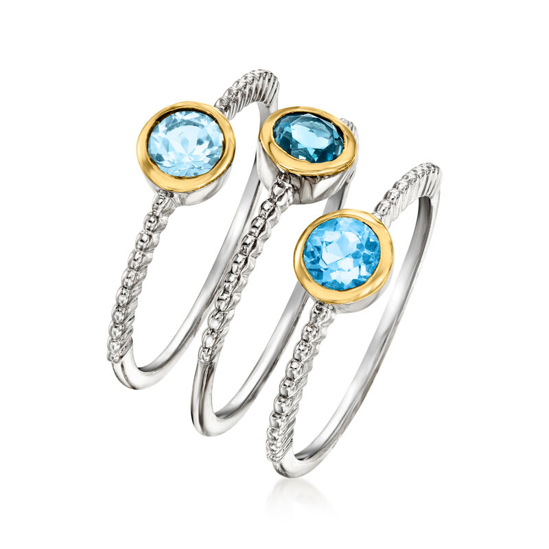 1.20 ct. t.w. Tonal Blue Topaz Jewelry Set: Three Rings in Sterling Silver and 18kt Gold Over Sterling image number 2
