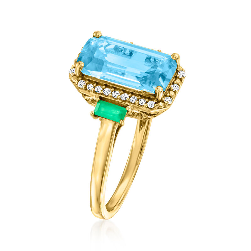 4.30 Carat Swiss Blue Topaz and .20 ct. t.w. Emerald Ring with .10 ct. t.w. Diamonds in 14kt Yellow Gold image number 2